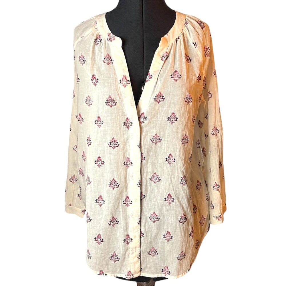 Paige White Cotton Button-Up Blouse M With Embroidered
